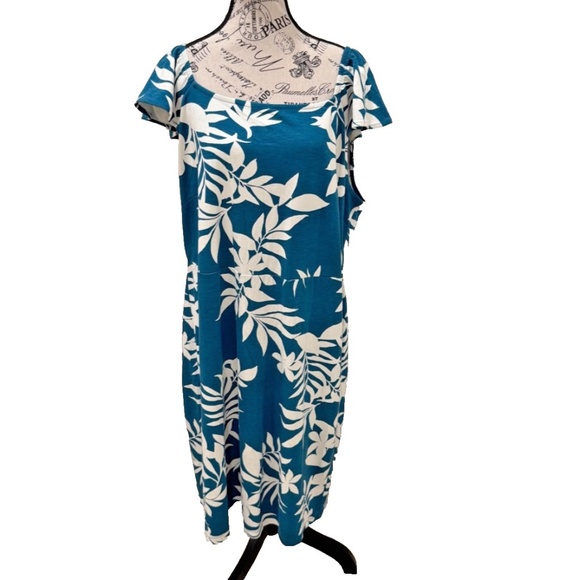 Old Navy Women's Tropical Print Ruffled Sleeve Dress; Teal/Cream; Size XXL; NWT - Picture 1 of 10